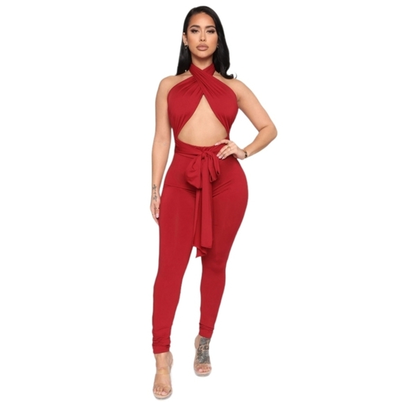 Fashion Nova Pants - Fashion Nova Burgundy Keyhole Jumpsuit
